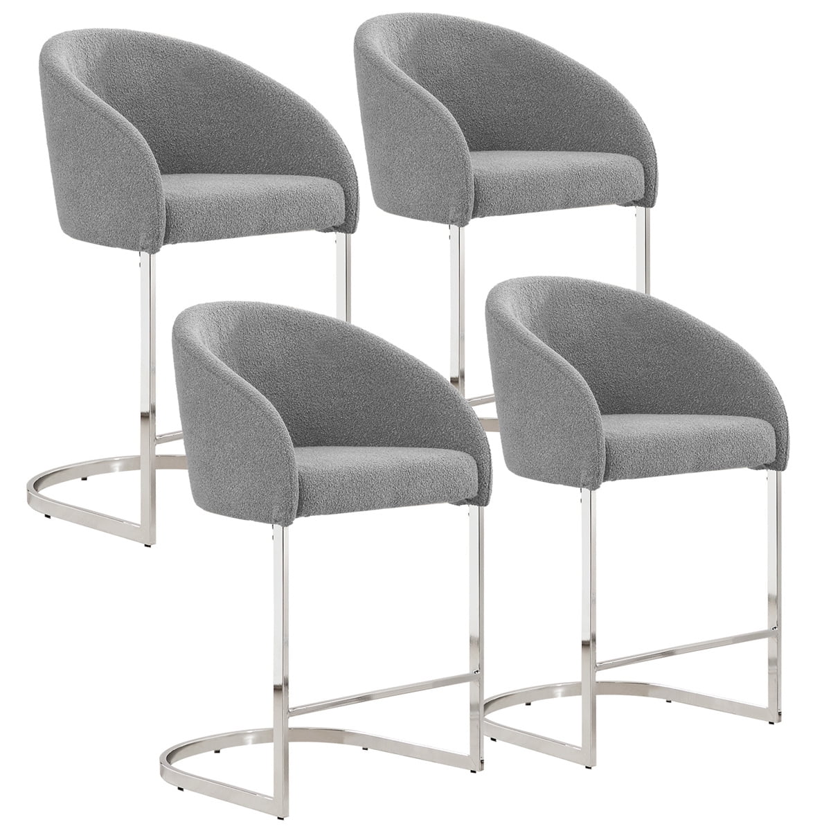 Gray Boucle Upholstered Counter Stools with Chrome Frame, Set of 4