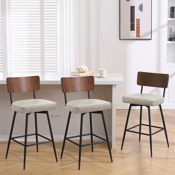 ANMINY PU Swivel Bar Stools Set of 3, 29" Seat Height, Upholstered Faux Leather Island Counter Barstools w/ Wood Mid-Back Metal Legs Home Kitchen Stool, Griege