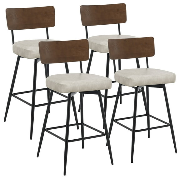 ANMINY PU Swivel Bar Stools Set of 4, 29" Seat Height, Upholstered Faux Leather Island Counter Barstools w/ Wood Mid-Back Metal Legs Home Kitchen Stool, Griege