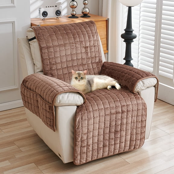 ANMINY Plush Recliner Slipcover with Side Pocket, Non-slip & 3D Tailored, Plaid Pattern Washable Chair Cover