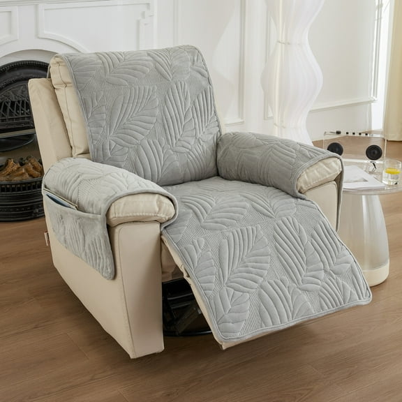 ANMINY Quilted Leaf Recliner Cover, Poly Velvet with Non-Slip Silicone Particles, Machine Washable, Pet-Friendly Furniture Protector with Side Pocket, Light Gray