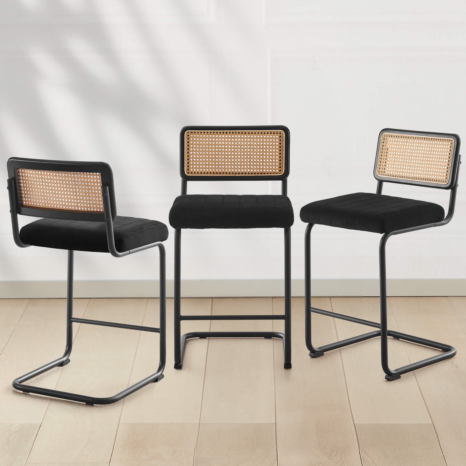 Black Velvet Upholstered Cane Back Counter Stools with Metal Frame, Set of 3