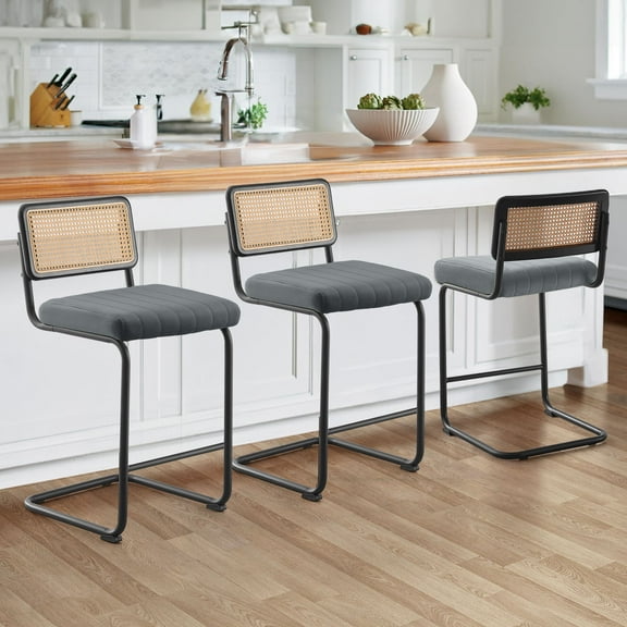 ANMINY Rattan Bar Stools, Set of 3, 26" Counter Height, Velvet Armless Bar Stools with Cane Back Mid Century Modern Chair for Home Office Kitchen Island
