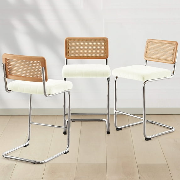 ANMINY Rattan Bar Stools, Set of 3, 26" Counter Height, Velvet Armless Bar Stools with Cane Back Mid Century Modern Chair for Home Office Kitchen Island