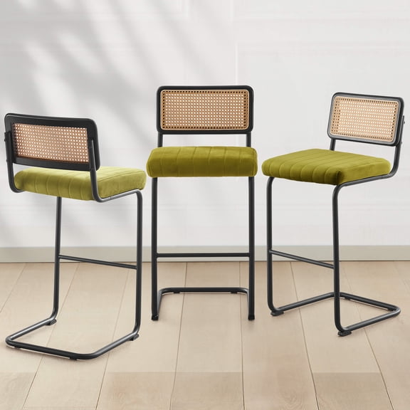 ANMINY Rattan Bar Stools, Set of 3, 30" Counter Height, Velvet Armless Bar Stools with Cane Back Mid Century Modern Chair for Home Office Kitchen Island