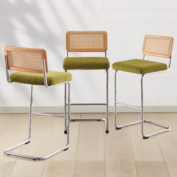 ANMINY Rattan Bar Stools, Set of 3, 30" Counter Height, Velvet Armless Bar Stools with Cane Back Mid Century Modern Chair for Home Office Kitchen Island