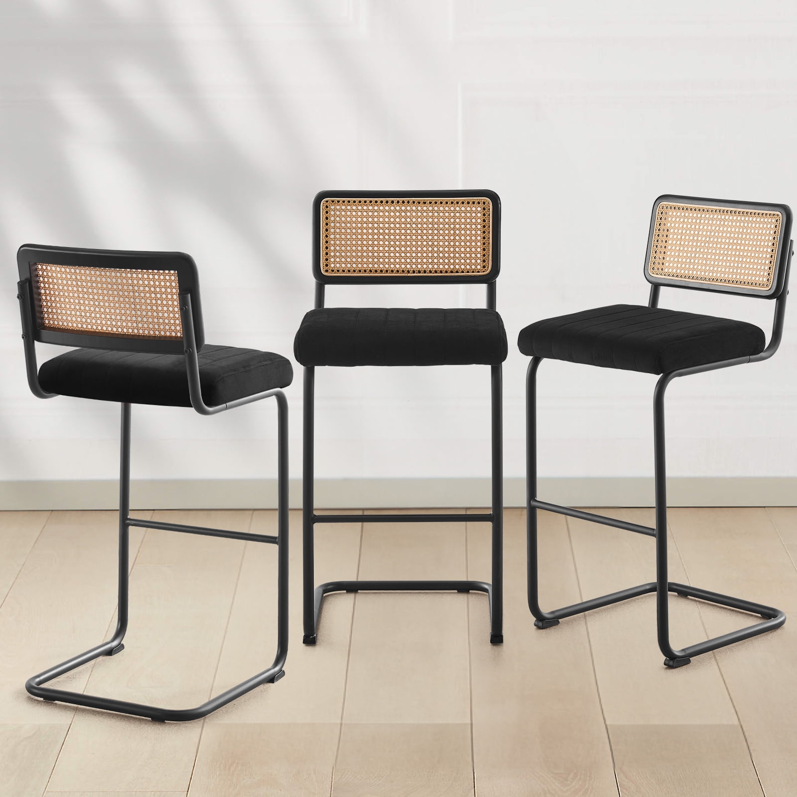 Black Velvet Upholstered Cane Back Counter Stools with Metal Frame, Set of 3