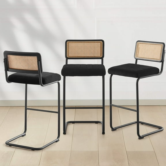ANMINY Rattan Bar Stools, Set of 3, 30" Counter Height, Velvet Armless Bar Stools with Cane Back Mid Century Modern Chair for Home Office Kitchen Island
