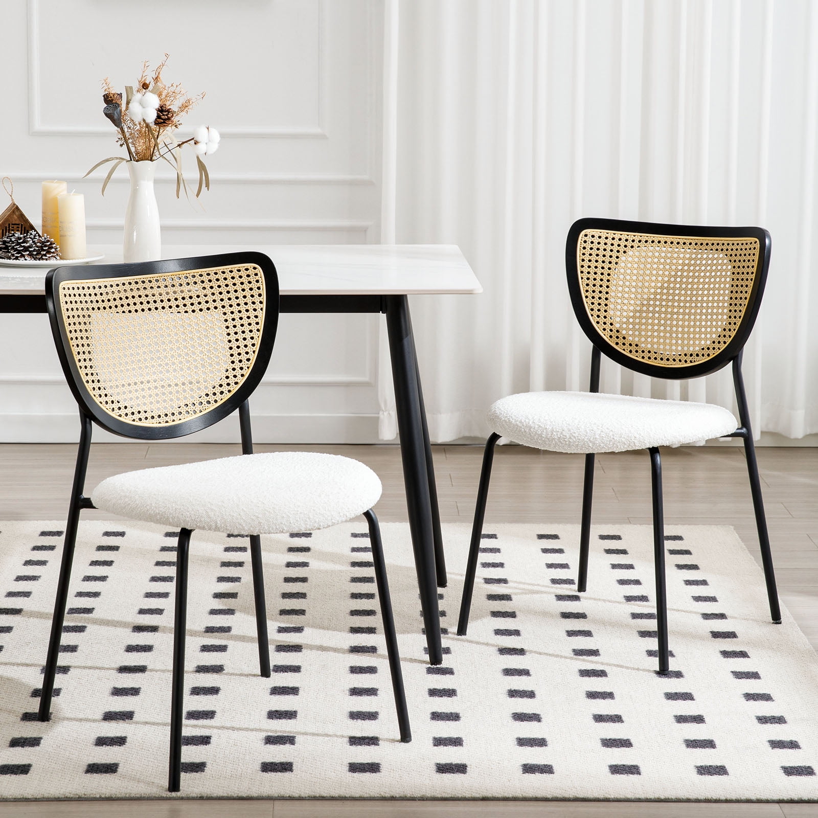 White Boucle Upholstered Rattan Cane Side Chair with Metal Legs