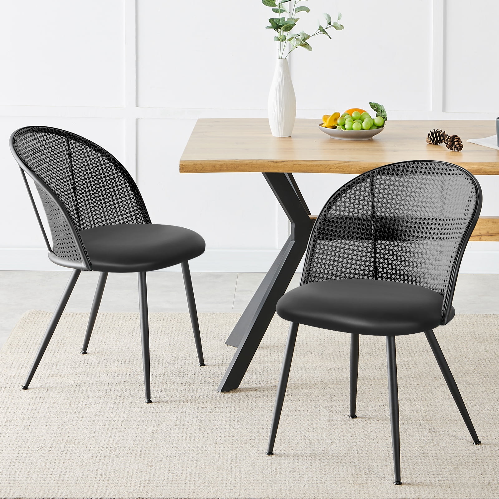 ANMINY Rattan Dining Chairs, Set of 2, With Full Cane Backrest and Metal Legs Mid-Century Modern ...