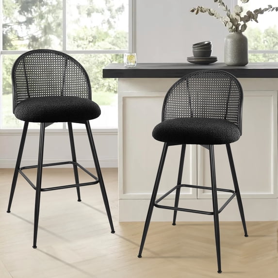 ANMINY Swivel Rattan Bar Stools, 29" Counter Height Set of 2, Upholstered Chairs Barstools with Full Back and Metal Legs Modern Boucle Fabric Seat for Home Kitchen Island