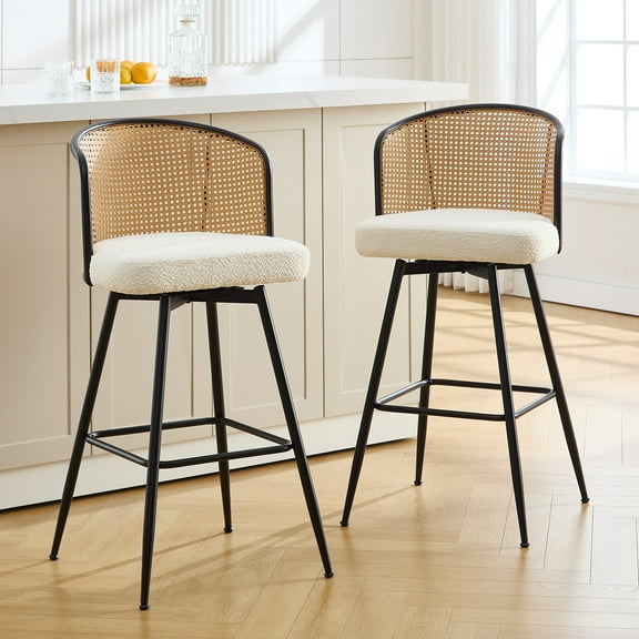 ANMINY Rattan Swivel Bar Stools Set of 2, 26" Counter Height with Rattan Back and Metal Legs, Mid-Century Modern Armless Boucle Fabric Barstools Seat, Upholstered Counter Stools for Kitchen Island