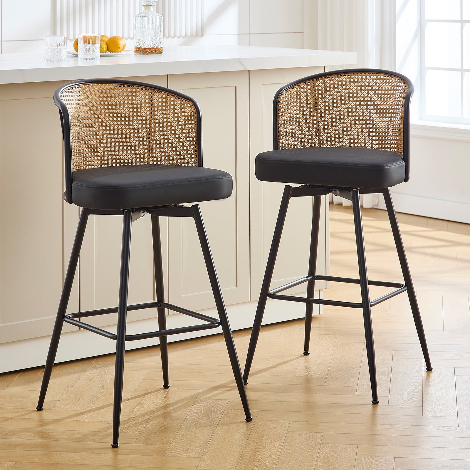 Black Boucle Fabric and Rattan Swivel Counter Stools with Metal Legs