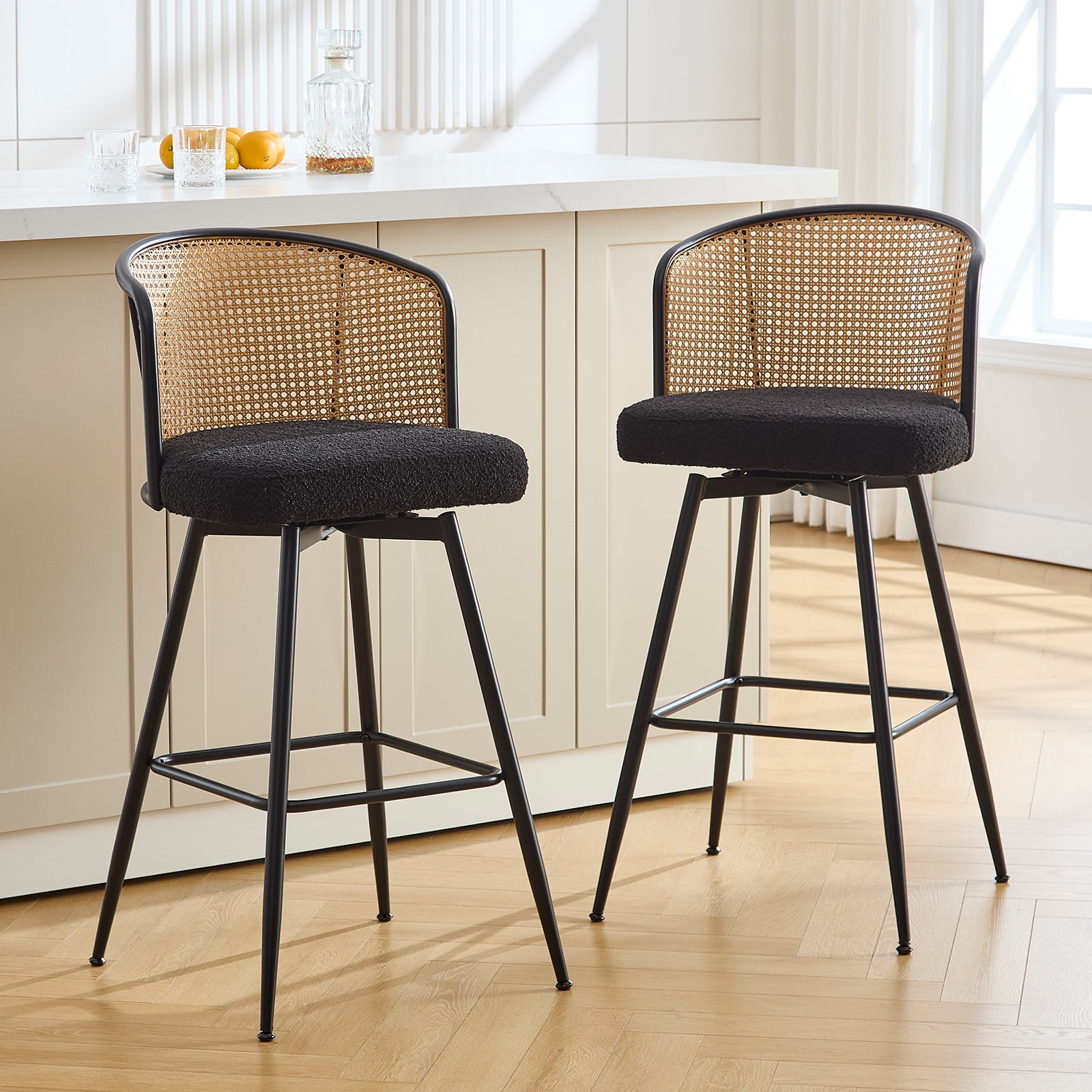 Black Boucle Fabric and Rattan Swivel Bar Stools with Metal Legs, Set of 2