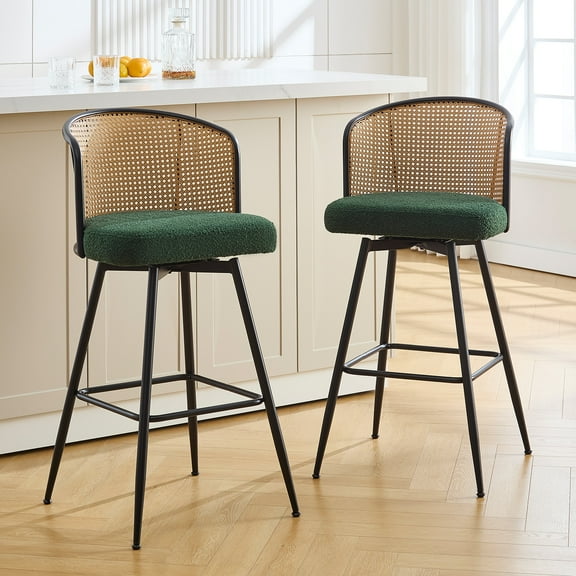 ANMINY Rattan Swivel Bar Stools Set of 2, 29" Bar Height with Rattan Back and Metal Legs, Mid-Century Modern Armless Boucle Fabric Barstools Seat, Upholstered Bar Height Stools for Kitchen Island
