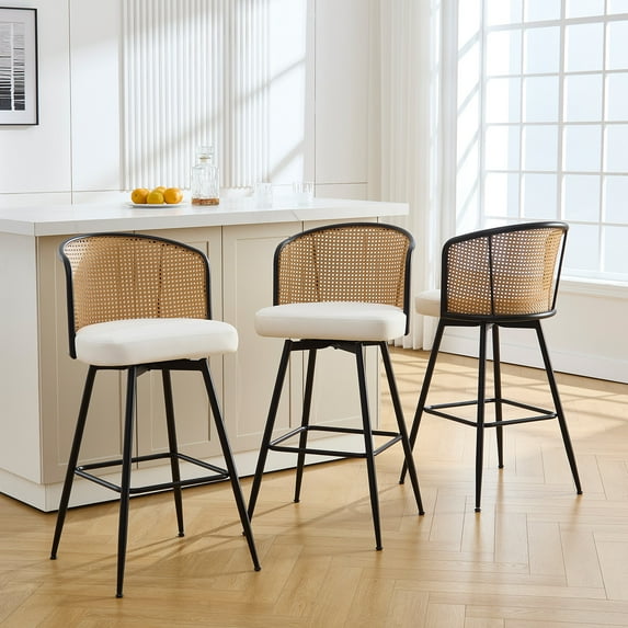 ANMINY Rattan Swivel Bar Stools Set of 3, 26" Counter Height with Rattan Back and Metal Legs, Mid-Century Modern Armless Faux Leather Barstools Seat, Upholstered Counter Stools for Kitchen Island