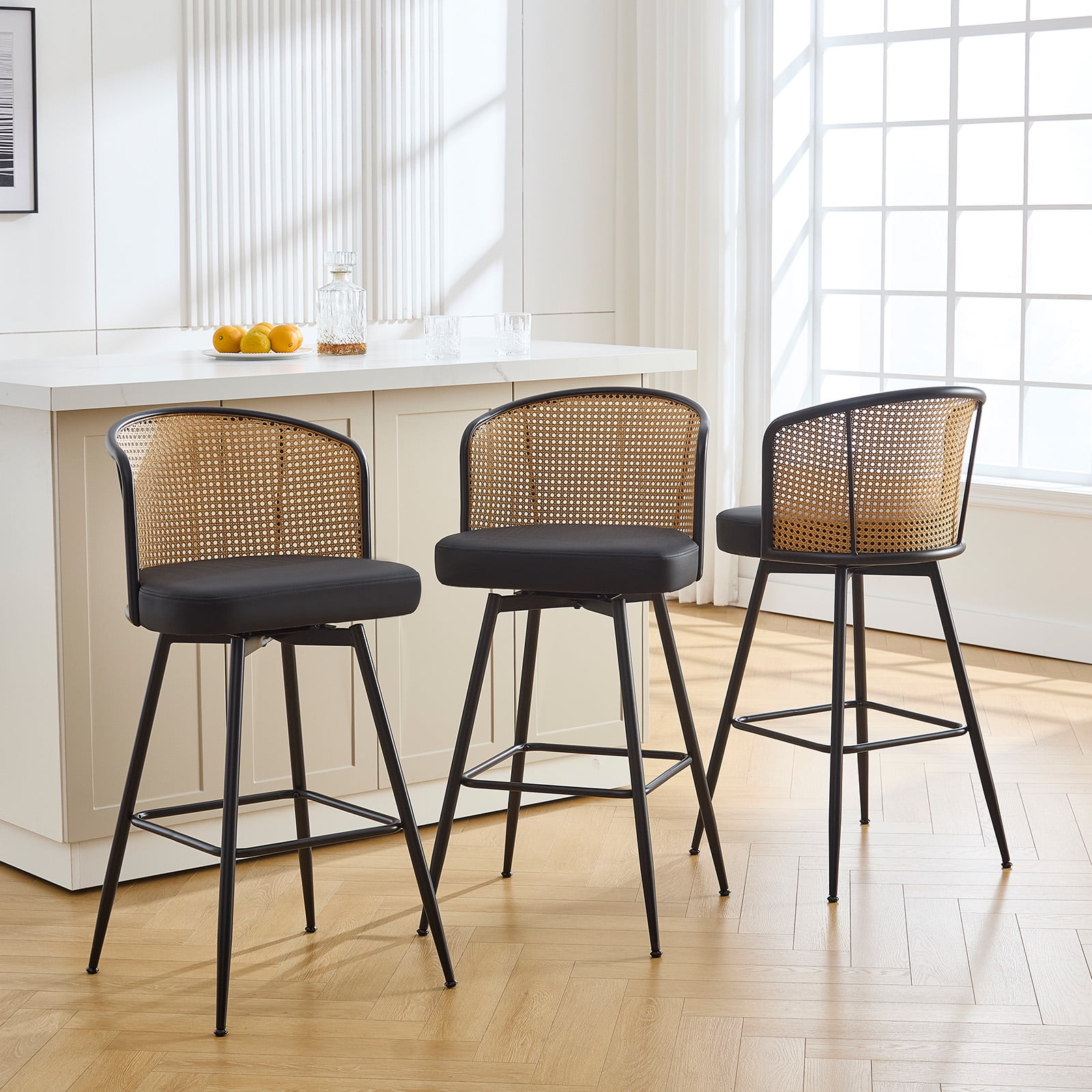 ANMINY Rattan Swivel Bar Stools Set of 3, 26" Counter Height with Rattan Back and Metal Legs, Mid-Century Modern Armless Faux Leather Barstools Seat, Upholstered Counter Stools for Kitchen Island