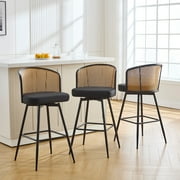 ANMINY Rattan Swivel Bar Stools Set of 3, 26 Counter Height with Rattan Back and Metal Legs, Mid-Century Modern Armless Faux Leather Barstools Seat, Upholstered Counter Stools for Kitchen Island