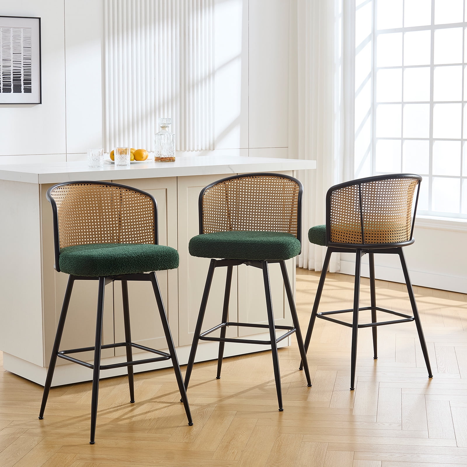Green Boucle Fabric Swivel Bar Stools with Rattan Back and Metal Legs