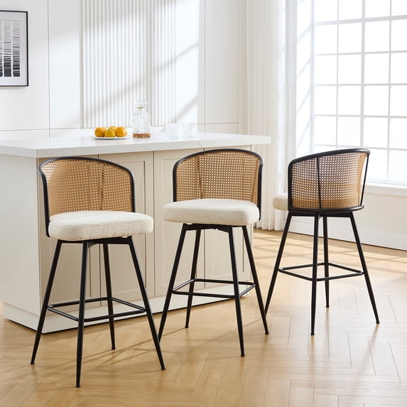 ANMINY Rattan Swivel Bar Stools Set of 3, 29" Bar Height with Rattan Back and Metal Legs, Mid-Century Modern Armless Boucle Fabric Barstools Seat, Upholstered Bar Height Stools for Kitchen Island