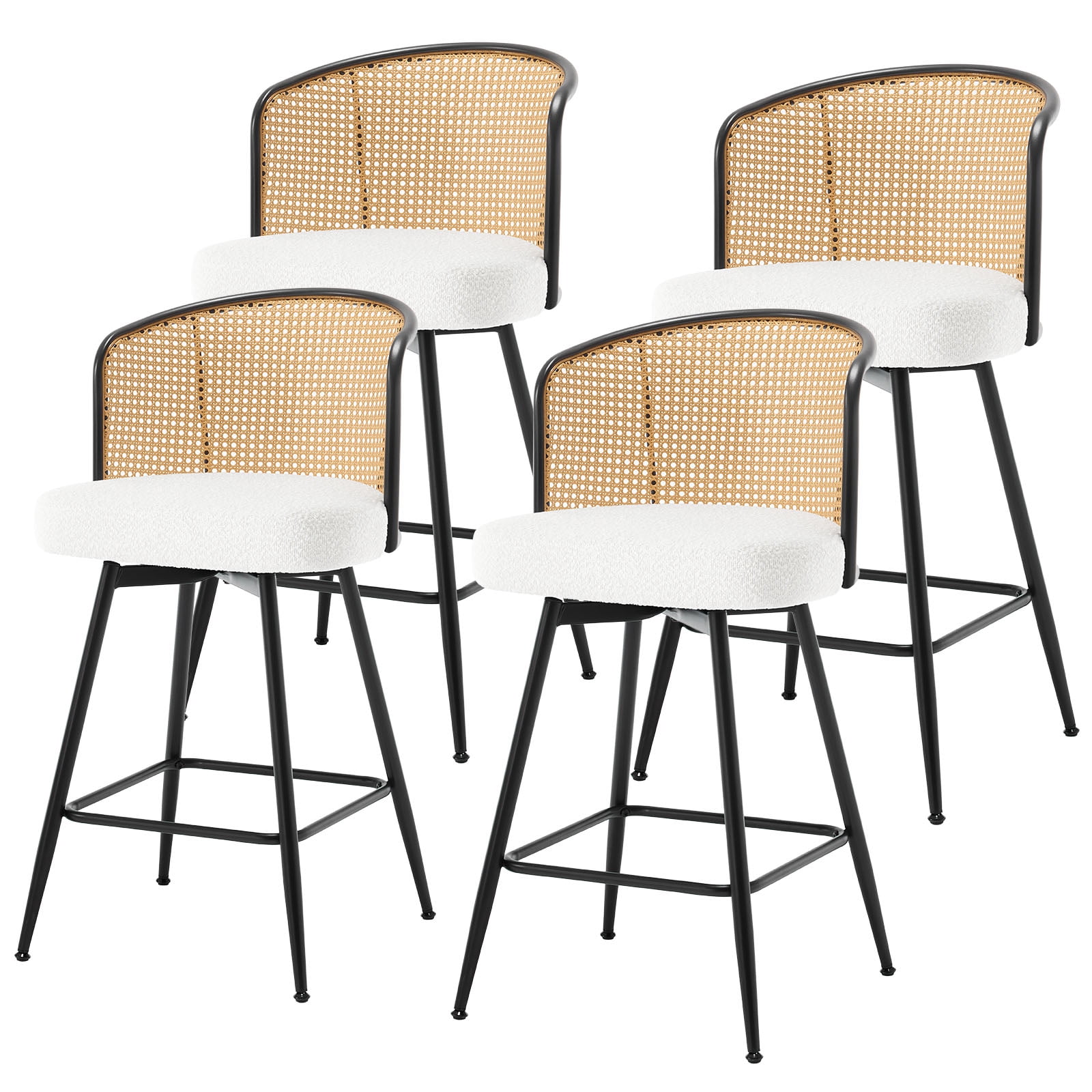 ANMINY Rattan Swivel Bar Stools Set of 4, 26" Counter Height with Rattan Back and Metal Legs, Mid-Century Modern Armless Boucle Fabric Barstools Seat, Upholstered Counter Stools for Kitchen Island
