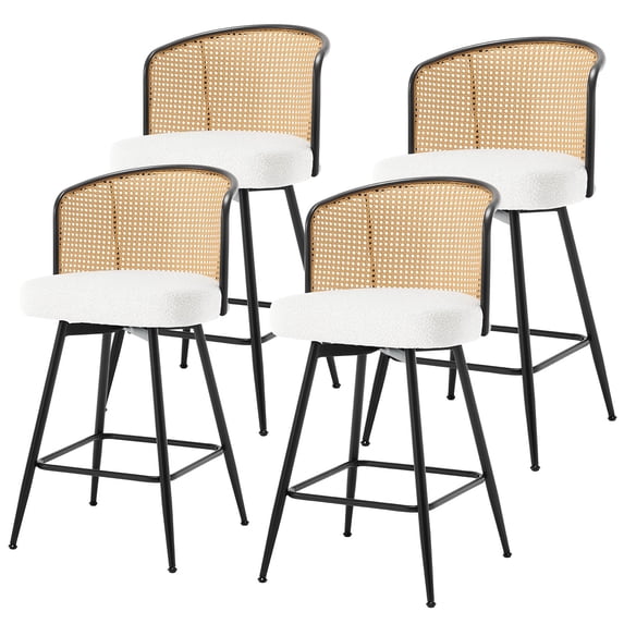 ANMINY Rattan Swivel Bar Stools Set of 4, 26" Counter Height with Rattan Back and Metal Legs, Mid-Century Modern Armless Boucle Fabric Barstools Seat, Upholstered Counter Stools for Kitchen Island