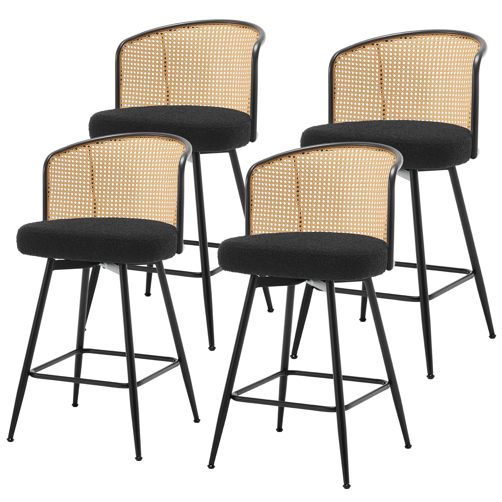 ANMINY Rattan Swivel Bar Stools Set of 4, 26" Counter Height with Rattan Back and Metal Legs, Mid-Century Modern Armless Boucle Fabric Barstools Seat, Upholstered Counter Stools for Kitchen Island