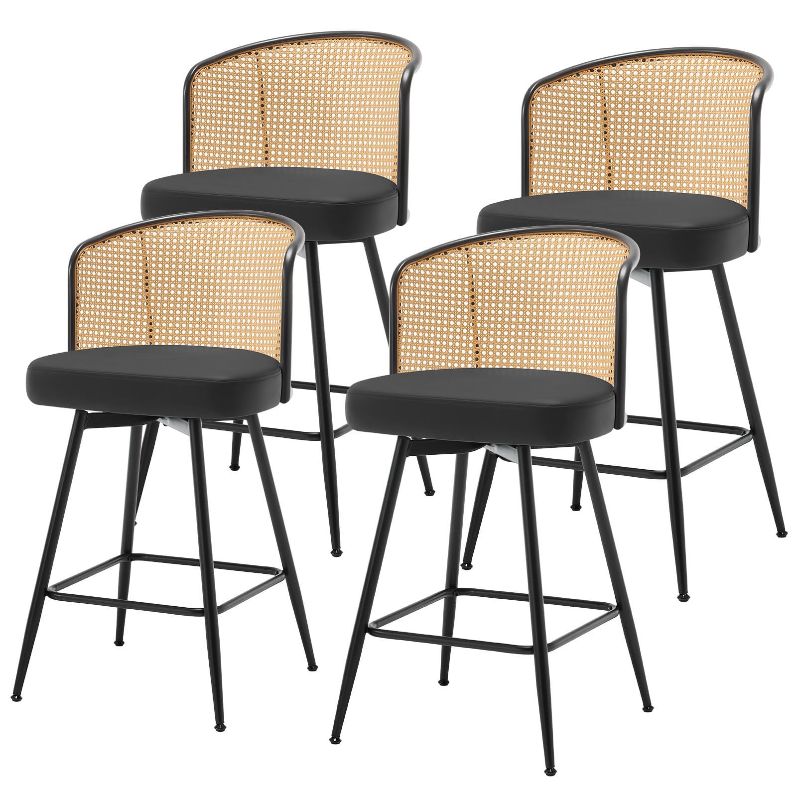 ANMINY Rattan Swivel Bar Stools Set of 4, 26" Counter Height with Rattan Back and Metal Legs, Mid-Century Modern Armless Faux Leather Barstools Seat, Upholstered Counter Stools for Kitchen Island