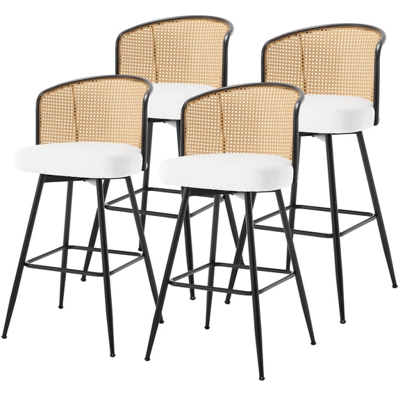 ANMINY Rattan Swivel Bar Stools Set of 4, 29" Bar Height with Rattan Back and Metal Legs, Mid-Century Modern Armless Boucle Fabric Barstools Seat, Upholstered Bar Height Stools for Kitchen Island