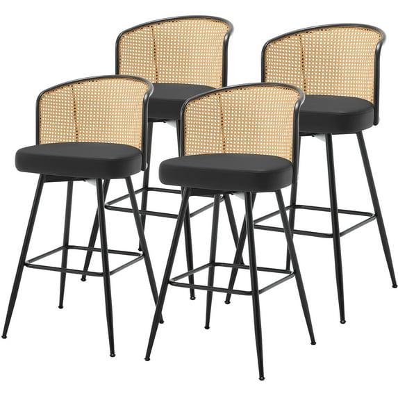 ANMINY Rattan Swivel Bar Stools Set of 4, 29" Bar Height with Rattan Back and Metal Legs, Mid-Century Modern Armless Faux Leather Barstools Seat, Upholstered Bar Height Stools for Kitchen Island
