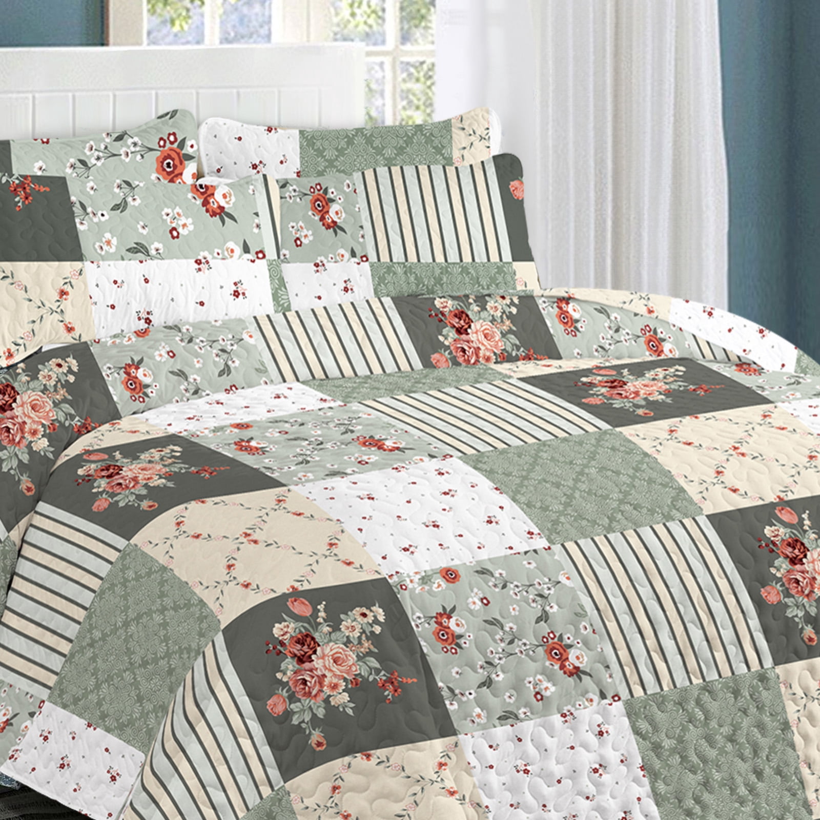 ANMINY Reversible Floral Coverlet Bedding Set - King All-Season Soft ...