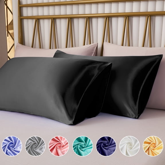 ANMINY Satin Pillowcase Set of 2 King Silk Bedding Pillowcases 40" x 20" Pillow Cover, Black