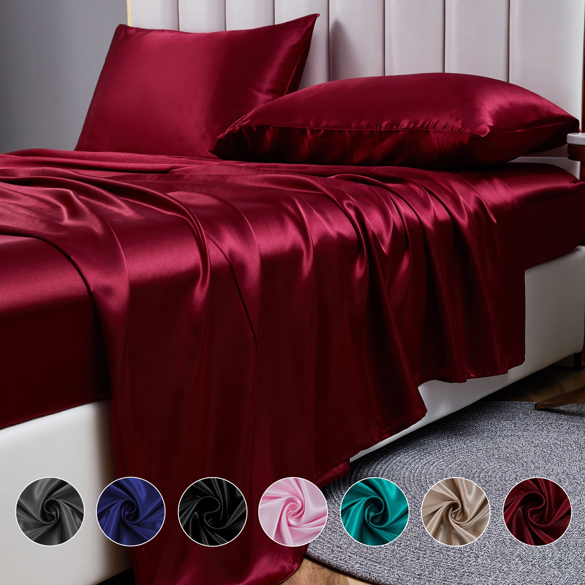 ANMINY Satin Sheets Full Silk Sheets Burgundy Bed Sheet Set Deep Pocket Bed  Flat Fitted Sheet, 4-Pieces