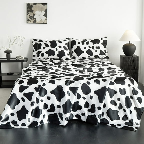 ANMINY Satin Sheets Full Silk Sheets Cow Pattern Bed Sheet Set Deep Pocket Bed Flat Fitted Sheet, 4-Pieces