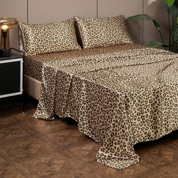 ANMINY Satin Sheets Full Silk Sheets Gold Leopard Bed Sheet Set Deep Pocket Bed Flat Fitted Sheet, 4-Pieces