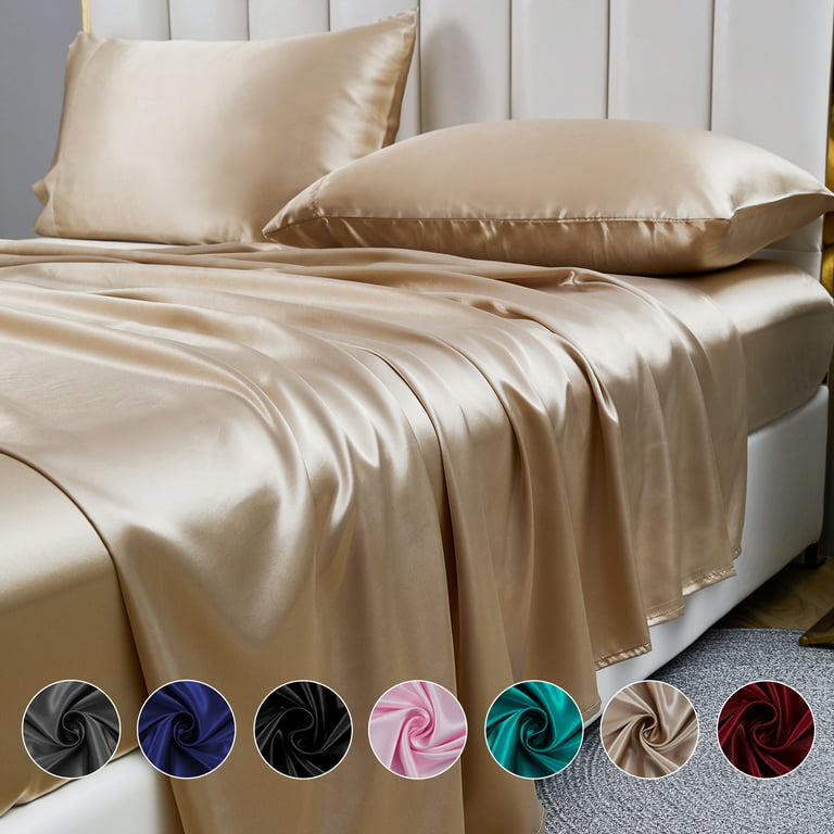 ANMINY Satin Sheets Full Silk Sheets Burgundy Bed Sheet Set Deep Pocket Bed  Flat Fitted Sheet, 4-Pieces