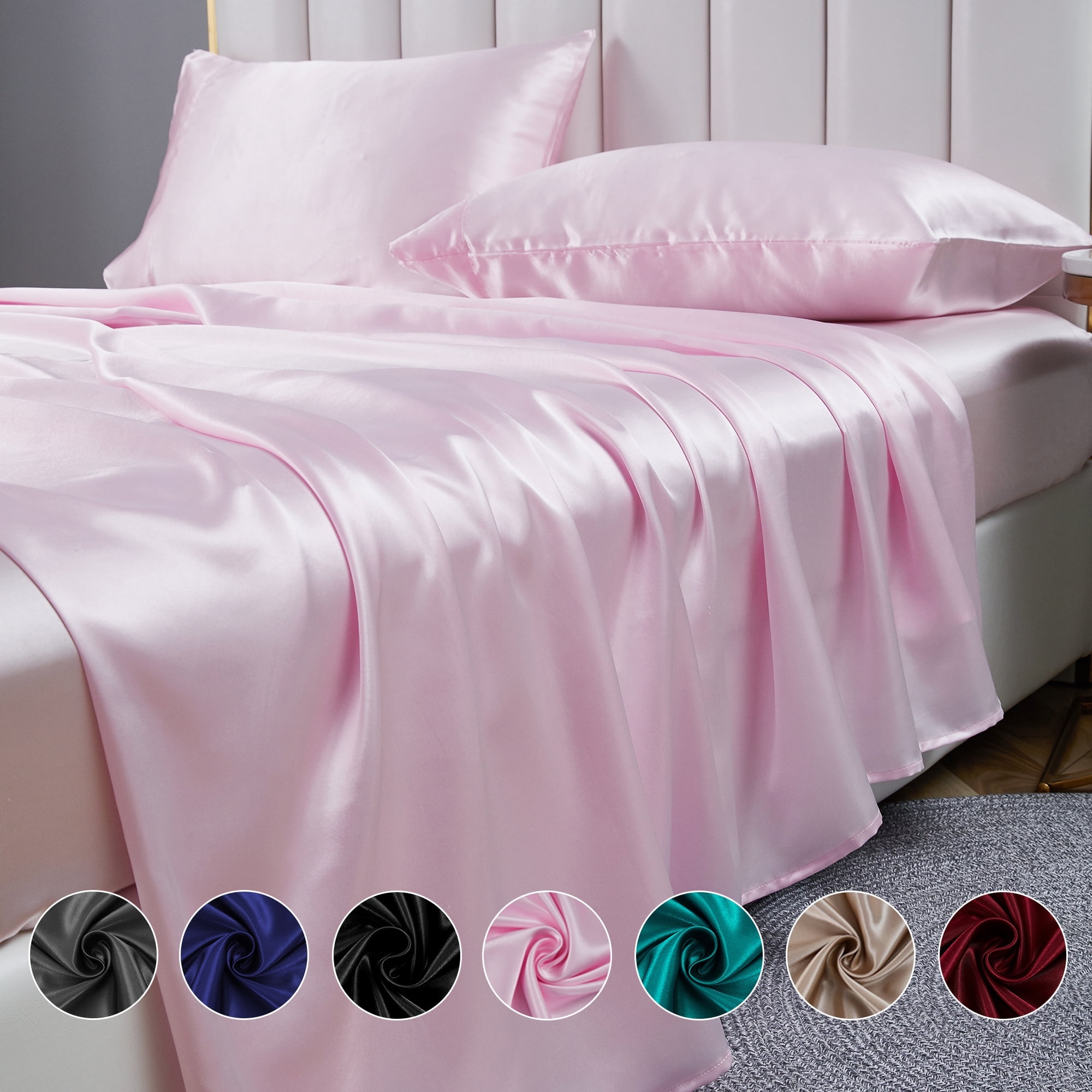 ANMINY Full Size Silky Satin Bed Sheet Set in Light Pink, Deep Pocket ...