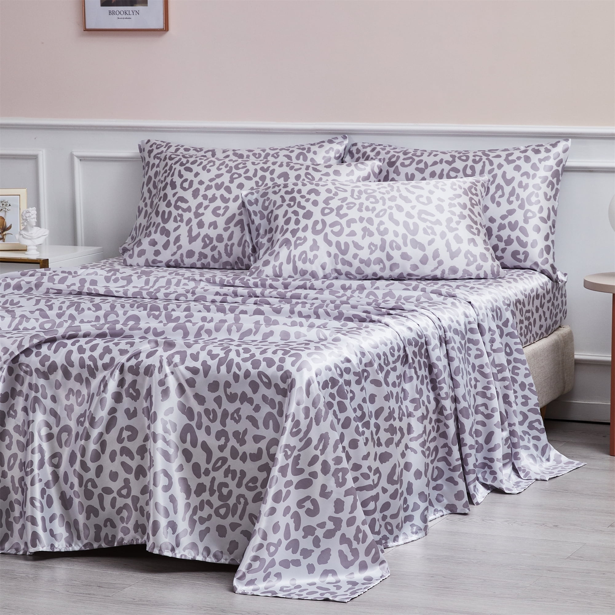ANMINY Satin Sheets Full Silk Sheets Silver Leopard Bed Sheet Set Deep ...