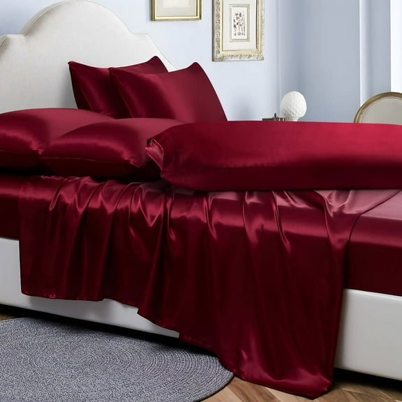 ANMINY Satin Sheets King 7-Pieces Silk Sheets Bed Sheet Set Deep Pocket Bed Flat Fitted Sheet