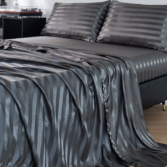 ANMINY Satin Sheets Queen Silk Sheets Dark Gray Stripe Bed Sheet Set Deep Pocket Bed Flat Fitted Sheet, 4-Pieces
