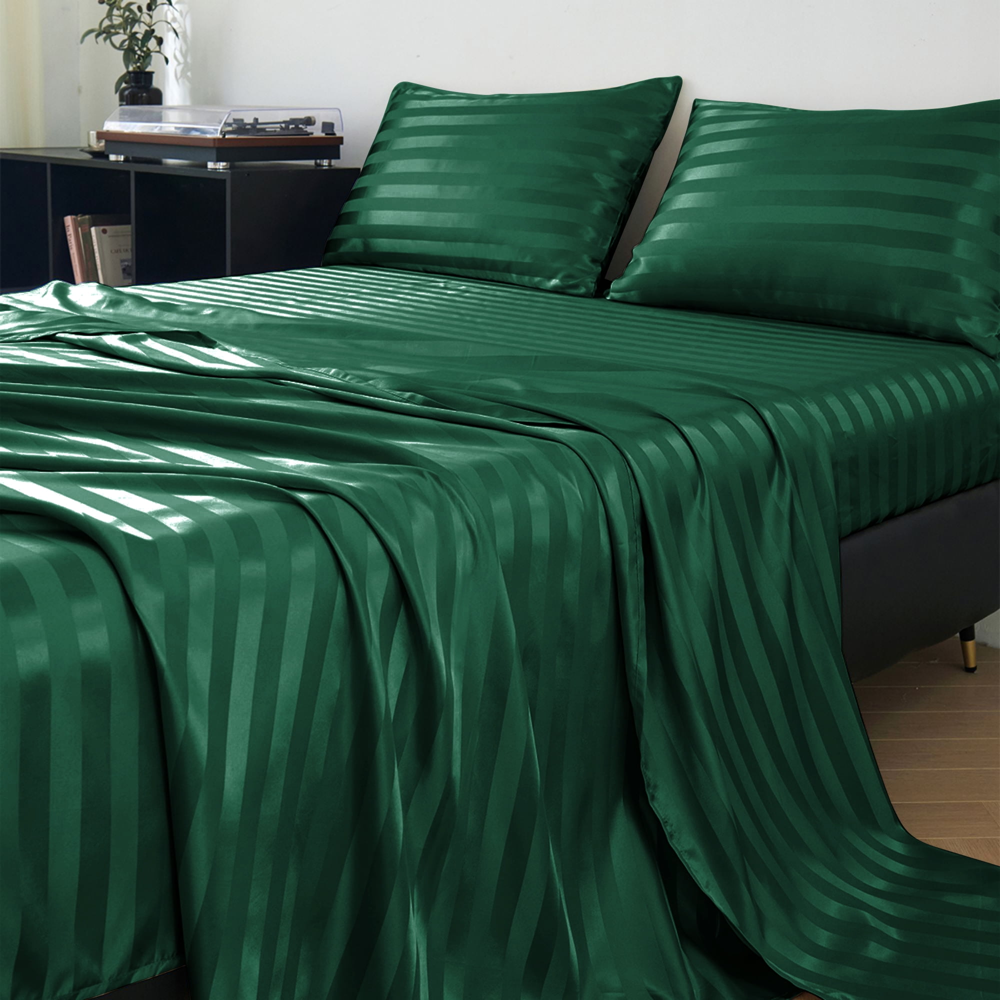 ANMINY Satin Sheets Queen Silk Sheets Dark Green Stripe Bed Sheet Set ...