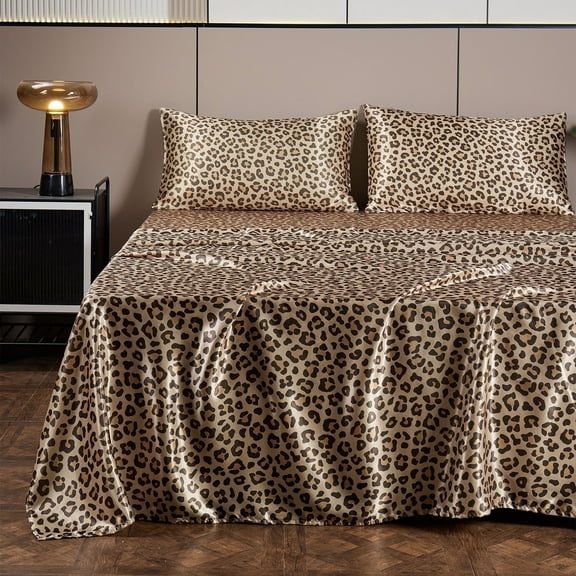 ANMINY Satin Sheets Queen Silk Sheets Gold Leopard Bed Sheet Set Deep Pocket Bed Flat Fitted Sheet, 4-Pieces
