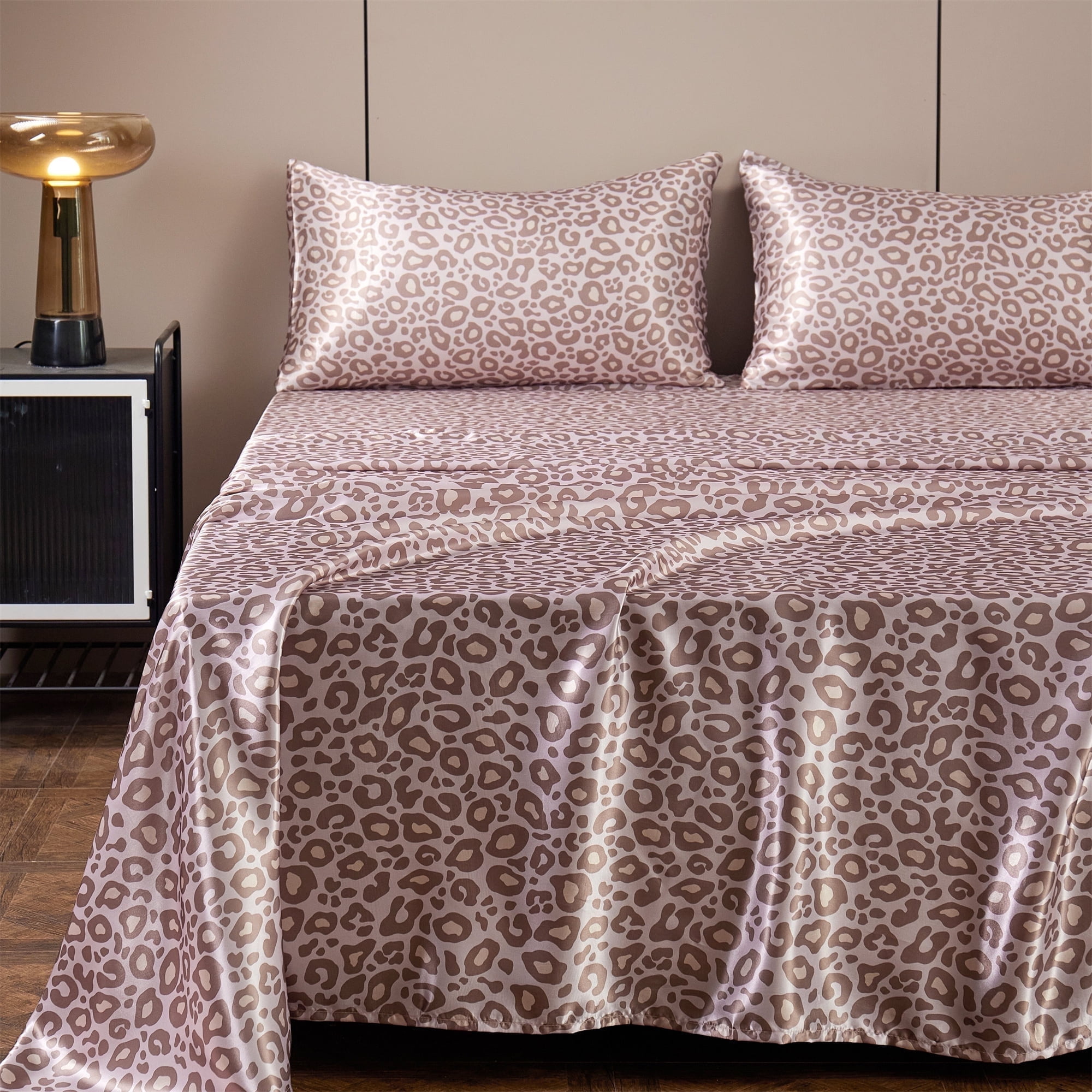 ANMINY Satin Sheets Queen Silk Sheets Pink Leopard Bed Sheet Set Deep ...
