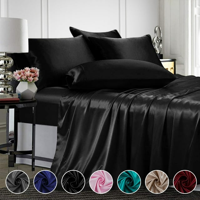 ANMINY King Size Silky Satin Bed Sheet Set, Black, Deep Pocket, 4