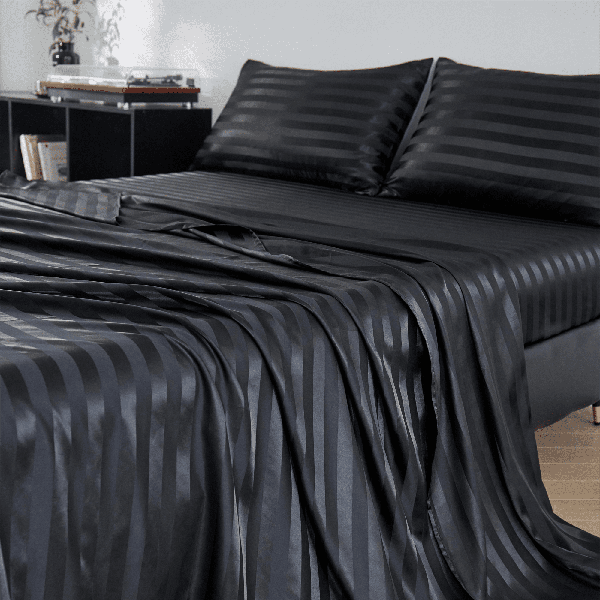 ANMINY King Size Silky Satin Sheets Set, Black Stripe, Deep Pocket Bed ...