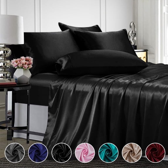 ANMINY Satin Sheets Twin Silk Sheets Black Bed Sheet Set Deep Pocket Bed Flat Fitted Sheet, 3-Pieces