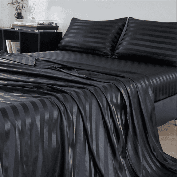 ANMINY Satin Sheets Twin Silk Sheets Black Stripe Bed Sheet Set Deep Pocket Bed Flat Fitted Sheet, 3-Pieces