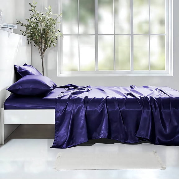 ANMINY Satin Sheets Twin Silk Sheets Blue Bed Sheet Set Deep Pocket Bed Flat Fitted Sheet, 3-Pieces