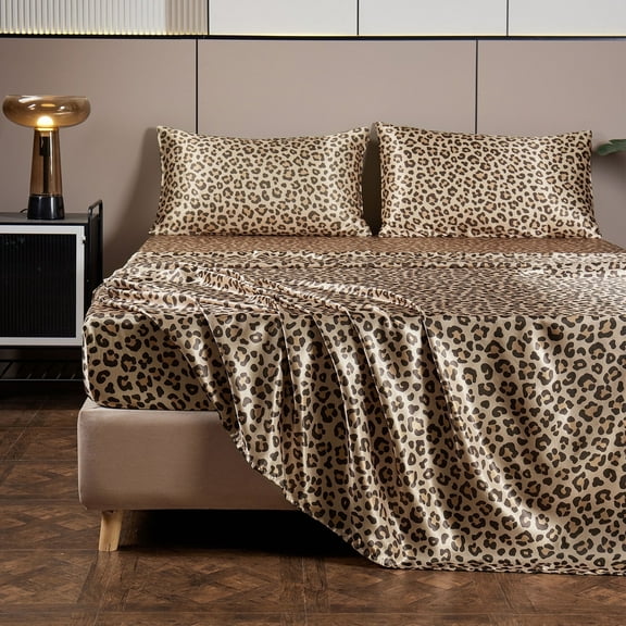 ANMINY Satin Sheets Twin Silk Sheets Gold Leopard Bed Sheet Set Deep Pocket Bed Flat Fitted Sheet, 3-Pieces