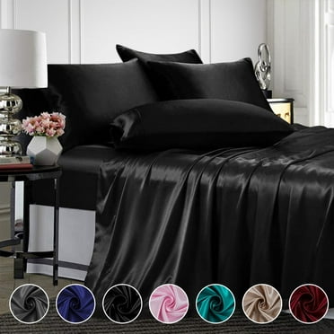 ANMINY Satin Sheets Twin Silk Sheets Gray Bed Sheet Set Deep Pocket Bed Flat Fitted Sheet, 3-Pieces